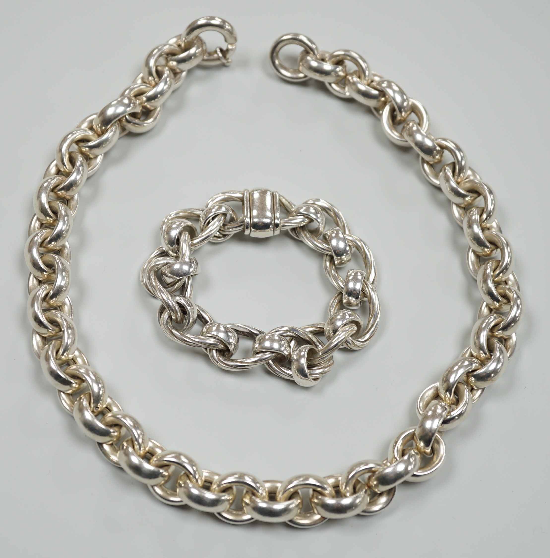 An Italian 925 'Old Florence' chain link bracelet, 20cm and a 925 chain link necklace, 48cm, gross weight 9.2oz.